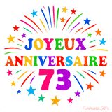 GIF animé joyeux anniversaire 73 ans avec étoiles multicolores et feu d’artifice