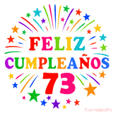 Imagen animada para felicitar los 73 años con letras de colores y diseño festivo.