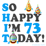 A fun birthday animation celebrating turning 73 with colorful party hats, smiling faces, and cheerful emojis.