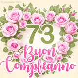GIF per il 73° compleanno con un cuore di rose rosa e scritta elegante