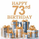 Festive animated eCard with elegant 'Happy 73rd Birthday' text above a pile of luxurious blue, white, and gold gift boxes and presents.