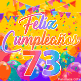 Un GIF animado para un 73º cumpleaños, Muestra el texto 'Feliz Cumpleaños 73' sobre un fondo amarillo vibrante con globos de colores, banderines y una lluvia de confeti.
