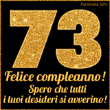 Un GIF animato per un 73° compleanno, Presenta il testo 'Buon Compleanno 73' su uno sfondo giallo vivo con palloncini colorati, festoni e una pioggia di coriandoli.