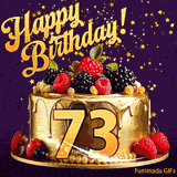 A delicious-looking animated birthday card for a 73rd birthday, decorated with raspberries, blackberries, and gold details, Stars sparkle and fall, with 'Happy Birthday!' text above.