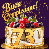 Un GIF animato di una bellissima torta per il 73° compleanno con glassa dorata e frutti di bosco freschi, Il numero dorato 73 è davanti, e stelle cadono su uno sfondo viola scuro.