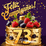 Una animación de celebración de una tarta para el 73º cumpleaños, Estrellas doradas caen del cielo, destacando el texto '¡Feliz Cumpleaños!' y el número dorado 73 en la tarta.