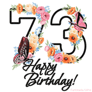 A floral 73rd birthday animated greeting card. The number '73' is surrounded by animated flowers and butterflies, creating a beautiful and cheerful way to celebrate the milestone.