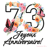 Ce GIF de Joyeux 73ème Anniversaire présente le nombre vingt rempli d'un bouquet vibrant de fleurs animées, avec des papillons qui bougent doucement sur un fond blanc.