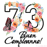 Questo GIF di Buon 73° Compleanno mostra il numero venti riempito con un vibrante bouquet di fiori animati, con farfalle che si muovono dolcemente su uno sfondo bianco.