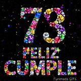 Representación visual del número 73 y la frase FELIZ CUMPLE. Las formas consisten en atractivas joyas de tonos vivos sobre fondo negro puro.