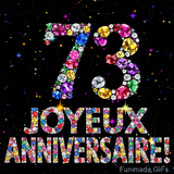 Le chiffre 73 et les mots Joyeux Anniversaire formés de diamants colorés étincelants sur fond noir avec de petites étoiles scintillantes animées.