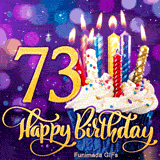 A sweet cupcake with lit candles sits near the golden number 73. Cursive Happy Birthday text is at the bottom against a sparkling purple background.