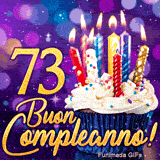 Biglietto virtuale animato 73 anni: una torta magica con candeline illuminate e il numero 73 dorato su sfondo lila.