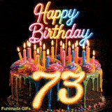 Rotating colorful birthday cake GIF decorated with lit candles, glowing neon topper, and yellow number 73 for 73rd birthday.