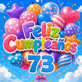 Tarjeta virtual animada 73 años: un ramillete de globos con formas de corazón y estrellas junto al número 73 azul.