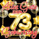 A vibrant greeting card featuring colorful balloons in the background with the large number '73' and the words 'Happy Birthday!' in glowing, bold text