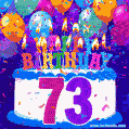 73rd Birthday Cake gif: colorful candles, balloons, confetti and number 73