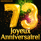 GIF animé pour un 73e anniversaire avec des ballons dorés en forme de 73, des feux d'artifice colorés et le texte 'Joyeux Anniversaire!' sur un fond noir festif.