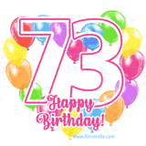 An animated birthday greeting card with a large '73' in pink outline surrounded by colorful balloons heart-shaped frame, and 'Happy Birthday!' written below in hand-written font.