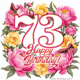 A celebratory GIF image features the animated number '73' and the words 'Happy Birthday!' surrounded by pink and yellow flowers. Two moving butterflies are included in this festive design.