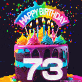 Chocolate cake with cyan layers, pink dressing and a big number 73 adorned with vibrant multicolored frosting, lit candles, and a rainbow topper with text that says 'Happy Birthday'. Animated colorful confetti move behind the cake.