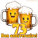 GIF animé humoristique pour un 73e anniversaire avec deux chopes de bière rigolotes, le chiffre 73 et le message 'Bon anniversaire!' sur un fond festif.
