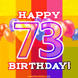A birthday cake with lit candles is shown with colorful balloons and animated confetti.