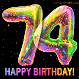 Shiny number 74 birthday celebration balloons with an iridescent glow and glitter on a black background with twinkling stars.