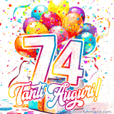 Animazione con palloncini colorati e scintillanti, accompagnata dal numero 74 in caratteri grandi e luminosi, e la scritta 'Tanti Auguri!' in stile vivace.