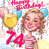 An animated birthday GIF featuring a smiling cartoon woman holding a glass of wine. Text reads 'Happy Birthday 74' surrounded by colorful balloons and confetti.