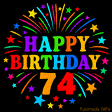 A birthday cake with lit candles is shown with colorful balloons and animated confetti.