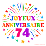 GIF animé joyeux anniversaire 74 ans avec étoiles multicolores et feu d’artifice