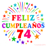 Imagen animada para felicitar los 74 años con letras de colores y diseño festivo.