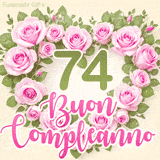 GIF per il 74° compleanno con un cuore di rose rosa e scritta elegante