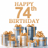 Festive animated eCard with elegant 'Happy 74th Birthday' text above a pile of luxurious blue, white, and gold gift boxes and presents.