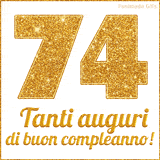GIF animata per un 74° compleanno, Mostra il numero 74 in grandi caratteri dorati pieni di glitter scintillante, Sotto, la scritta 'Tanti auguri di buon compleanno!' in un elegante oro.