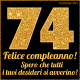 Un GIF animato per un 74° compleanno, Presenta il testo 'Buon Compleanno 74' su uno sfondo giallo vivo con palloncini colorati, festoni e una pioggia di coriandoli.