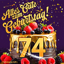 Eine köstlich aussehende animierte Geburtstagskarte für den 74. Geburtstag, dekoriert mit Erdbeeren, Blaubeeren und goldenen Details, Sterne funkeln und fallen, mit 'Alles Gute zum Geburtstag!'-Text.