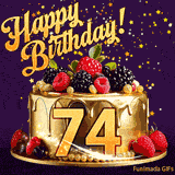 A delicious-looking animated birthday card for a 74th birthday, decorated with raspberries, blackberries, and gold details, Stars sparkle and fall, with 'Happy Birthday!' text above.