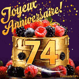 Une animation de célébration d'un gâteau de 74ème anniversaire, Des étoiles dorées tombent du ciel, mettant en valeur le texte 'Joyeux Anniversaire !' et le nombre doré 74 à l'avant du gâteau.