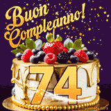 Un GIF animato di una bellissima torta per il 74° compleanno con glassa dorata e frutti di bosco freschi, Il numero dorato 74 è davanti, e stelle cadono su uno sfondo viola scuro.