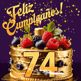 Una animación de celebración de una tarta para el 74º cumpleaños, Estrellas doradas caen del cielo, destacando el texto '¡Feliz Cumpleaños!' y el número dorado 74 en la tarta.
