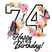 A floral 74th birthday animated greeting card. The number '74' is surrounded by animated flowers and butterflies, creating a beautiful and cheerful way to celebrate the milestone.