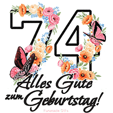 Ein florales GIF zum 74. Geburtstag. Die Zahl '74' ist von animierten Blumen und Schmetterlingen umgeben und bietet eine schöne und fröhliche Art, den Meilenstein zu feiern.