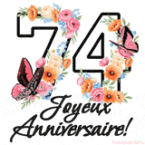 Ce GIF de Joyeux 74ème Anniversaire présente le nombre vingt rempli d'un bouquet vibrant de fleurs animées, avec des papillons qui bougent doucement sur un fond blanc.