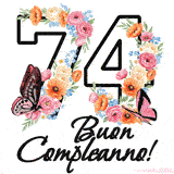 Questo GIF di Buon 74° Compleanno mostra il numero venti riempito con un vibrante bouquet di fiori animati, con farfalle che si muovono dolcemente su uno sfondo bianco.