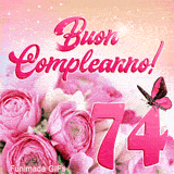 Buon compleanno 74 anni in questa GIF festosa con rose rosa, numero rosa e luci stellate animate che brillano intensamente.