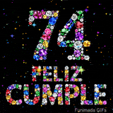 Imagen conformada por el número 74 y el mensaje FELIZ CUMPLE, ambos diseñados con piedras preciosas de muchos colores sobre fondo estrellado.