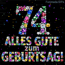 Auf dunklem Grund erstrahlen die Zahl 74 und Alles Gute zum Geburtstag, geformt aus bunten Diamanten inmitten von glitzernden Funken.