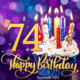 Gold number 74 and Happy Birthday lettering beside a frosted cupcake topped with burning candles on a glowing purple bokeh backdrop with sparkles.